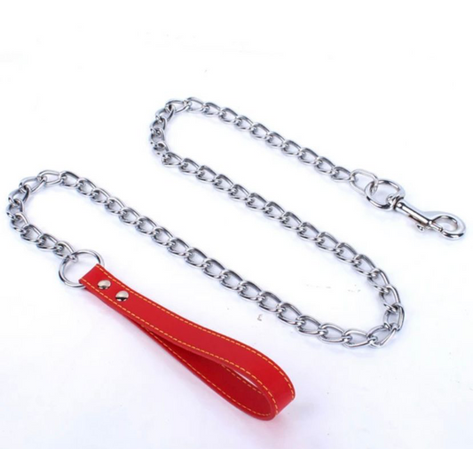 Red 120cm Dog Chain with Leather Handle